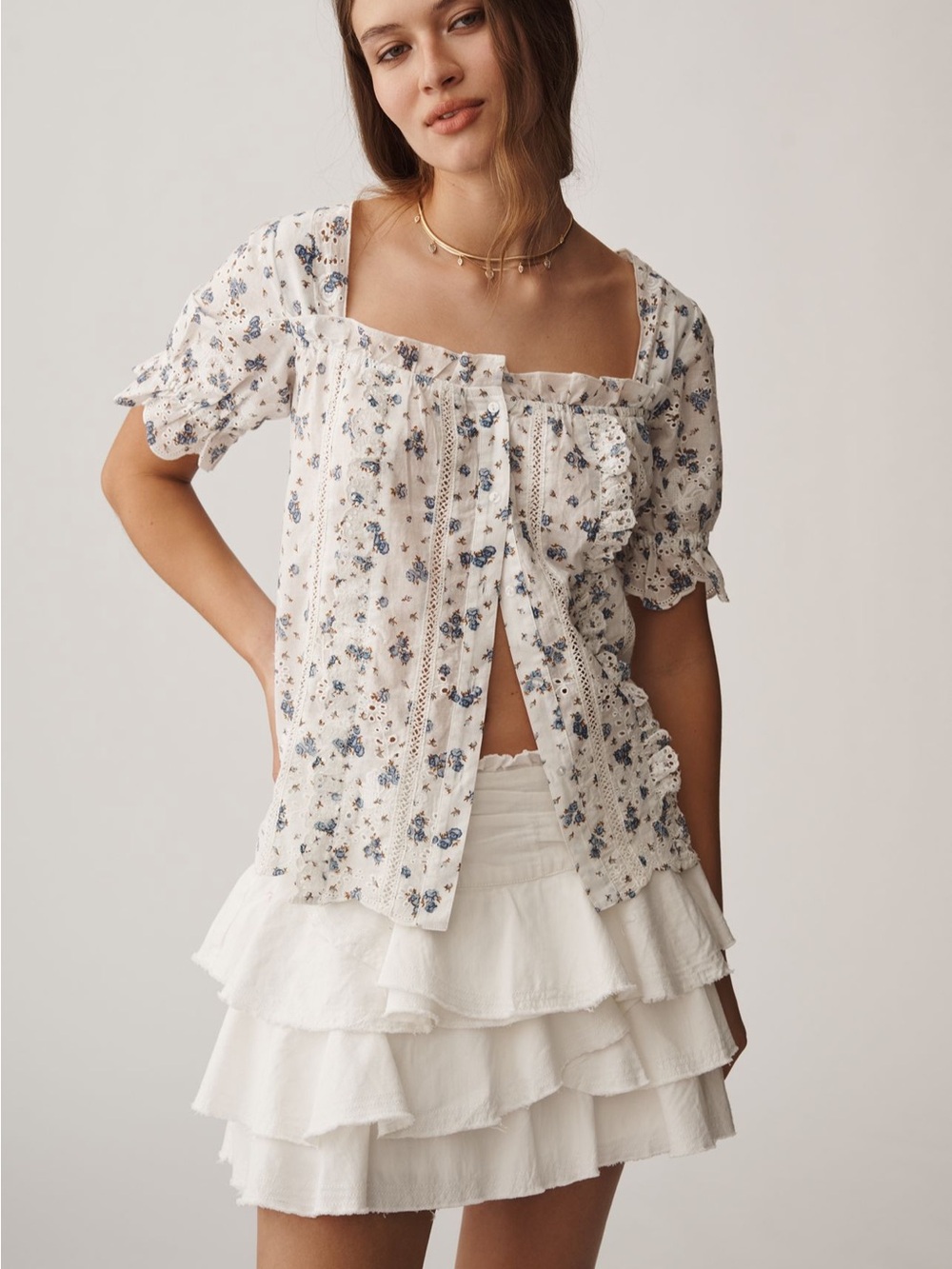 Anthropologie Cream Top with Blue Floral Print